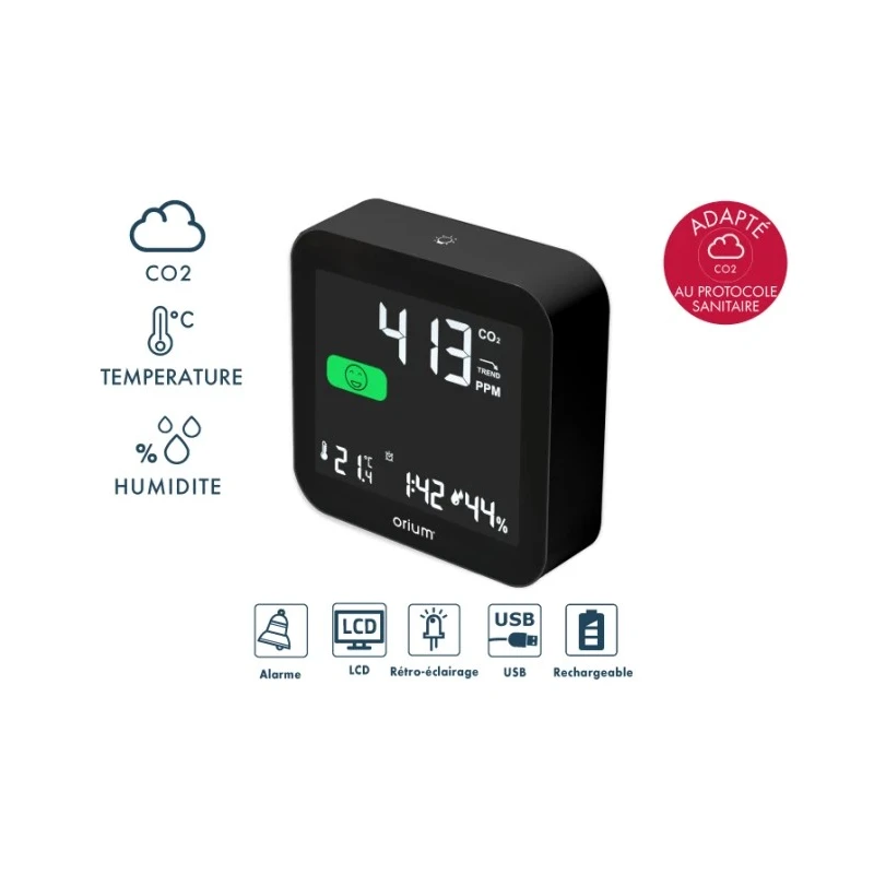 Orium Quaelis 14 CO2 Sensor 50 °C Operating Temperature, 99 %RH Max, Rechargeable Battery USB Powered 11325