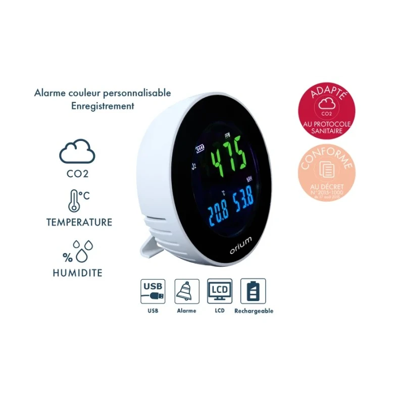 Orium CO2 Sensor Indoor Air Quality Monitor 70 °C Operating Temp, USB Connectivity, Rechargeable Lithium Battery 11334