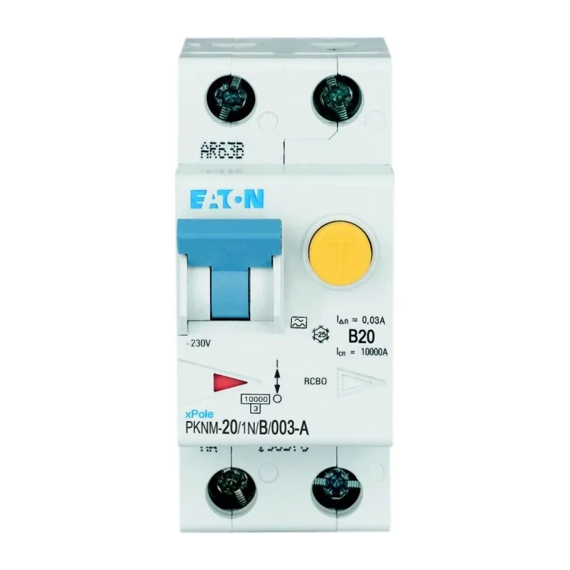 Eaton Residual Current Circuit Breaker 20A 2-Pole 30 mA Type B 10 kA 230V AC PKNM Series 236239 PKNM-20/1N/B/003-A-MW