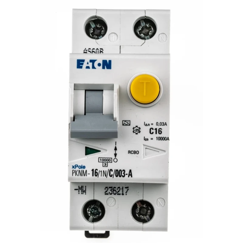 Eaton Residual Current Device PKNM Series 16A 2-Pole 30mA Type C 10kA 230V AC 236217 PKNM-16/1N/C/003-A-MW