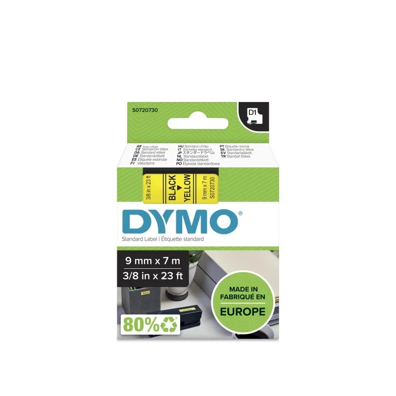 Dymo Black on Yellow Label Printer Tape 9 mm Width, 7 m Length Industrial Strength Adhesive S0720730