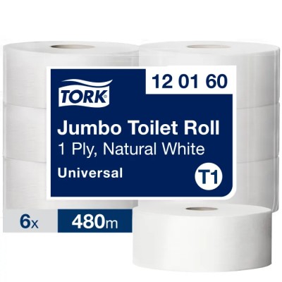 Tork Jumbo Universal Toilet Roll 6 Rolls of 2400 Sheets, 59mm Core Diameter, 260mm Roll Diameter 120160
