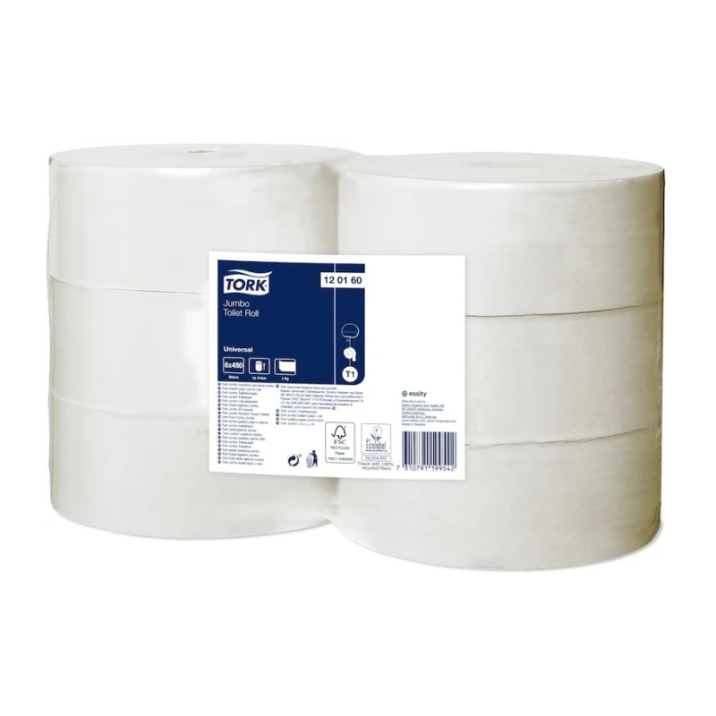 Tork Jumbo Universal Toilet Roll 6 Rolls of 2400 Sheets, 59mm Core Diameter, 260mm Roll Diameter 120160