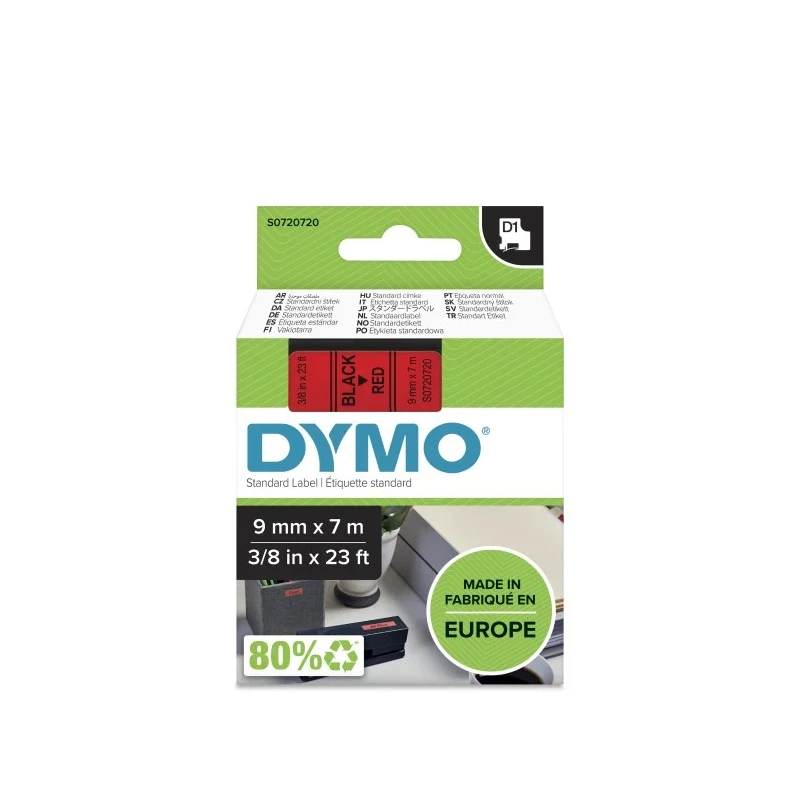 Dymo Black on Red Label Printer Tape, 9 mm Width, 7 m Length S0720720