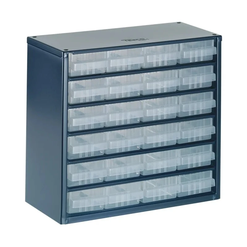 Raaco Drawer Storage Unit 24 Steel Enamelled Dark Grey Cabinet with 24 Blue Polypropylene Drawers 283 mm x 306 mm x 137546