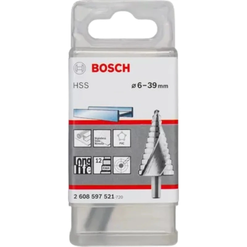 Bosch HSS Step Drill Bit 6 to 39 mm Diameter, 93.5 mm Length, Triangular Shank, High-Speed Steel 2608597521