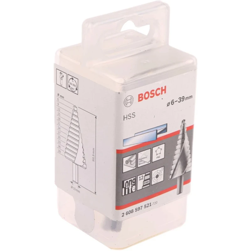 Bosch HSS Step Drill Bit 6 to 39 mm Diameter, 93.5 mm Length, Triangular Shank, High-Speed Steel 2608597521