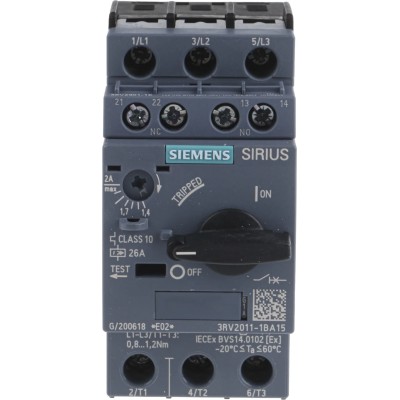 Siemens 3RV2 Motor Protection Circuit Breaker, 3 Poles, 1.4 A and 2 A Current Rating, 690V Supply Voltage 3RV2011-1BA15