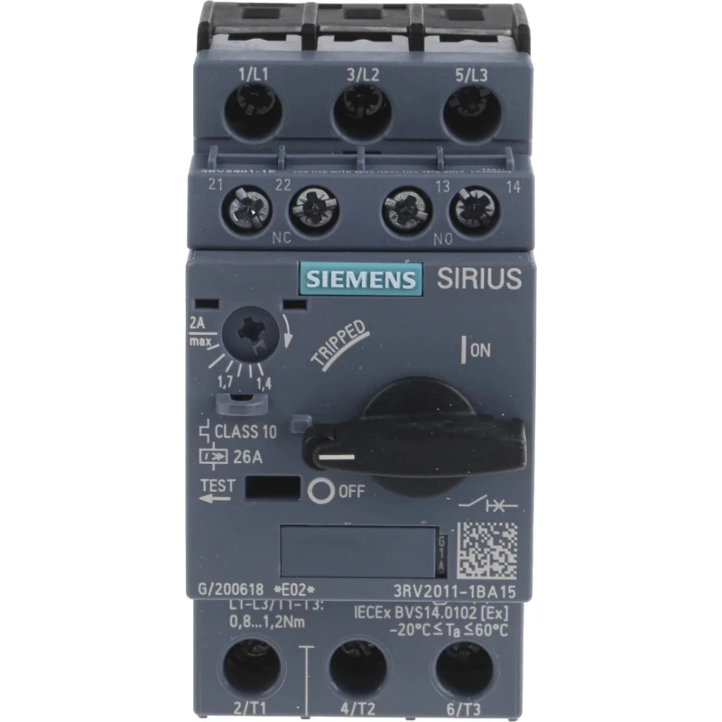 Siemens 3RV2 Motor Protection Circuit Breaker, 3 Poles, 1.4 A and 2 A Current Rating, 690V Supply Voltage 3RV2011-1BA15