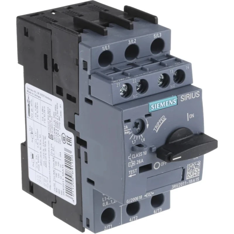 Siemens 3RV2 Motor Protection Circuit Breaker, 3 Poles, 1.4 A and 2 A Current Rating, 690V Supply Voltage 3RV2011-1BA15