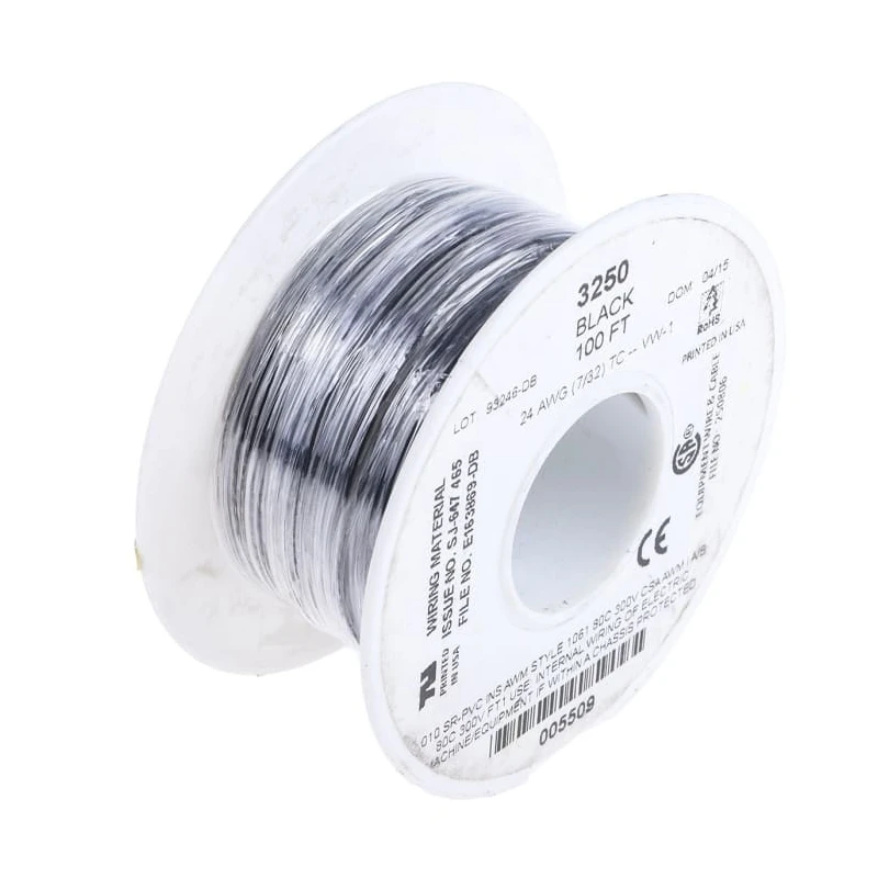 Alpha Wire Hook Up Wire PVC Series Black, 24 AWG, 7/0.20 mm Core Strands, 30 m Length, Tinned Copper Conductor 3250 BK005