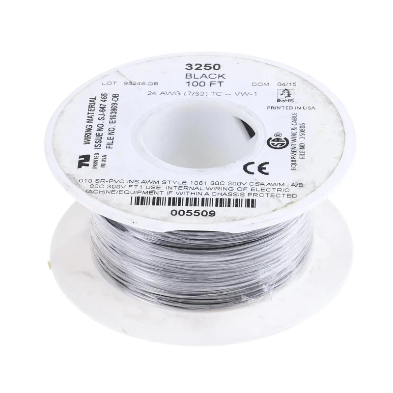 Alpha Wire Hook Up Wire PVC Series Black, 24 AWG, 7/0.20 mm Core Strands, 30 m Length, Tinned Copper Conductor 3250 BK005