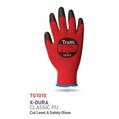 Traffi Black Red Nylon General Handling Gloves Size 7 Polyurethane Coating TG1010
