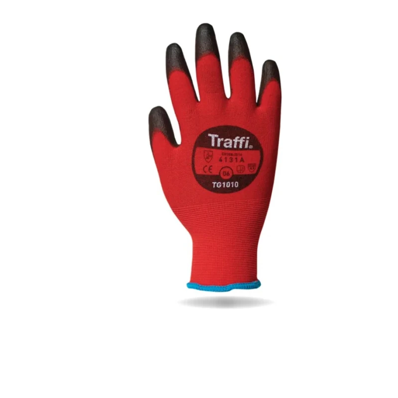 Traffi Black, Red Nylon General Handling Gloves Size 8 Polyurethane Coating TG1010