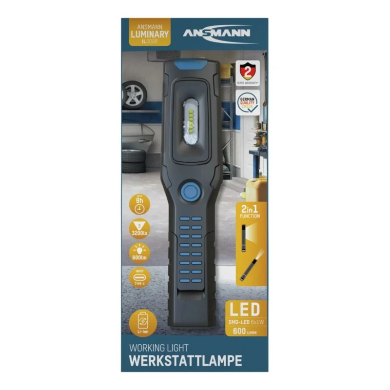 Ansmann Hand Lamp Handheld 325lm 3.7-5V Rechargeable Plastic Housing 3W IP20 274mm Length 2200mAh Battery 