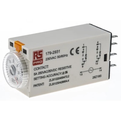 RS PRO Timer Relay 2-Contact 230V AC ON Delay Dial Adjustment DPDT Switch Configuration 1 to 30 s 179-2931