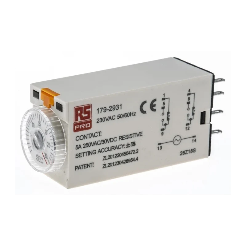 RS PRO Timer Relay 2-Contact 230V AC ON Delay Dial Adjustment DPDT Switch Configuration 1 to 30 s 179-2931