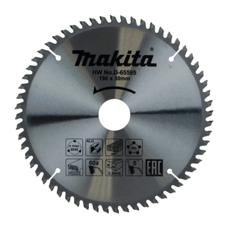 Makita Circular Saw Blade 190mm Diameter 60 Teeth Tungsten Carbide Tip Cutting Aluminium Brass Copper PVC Wood D-65595