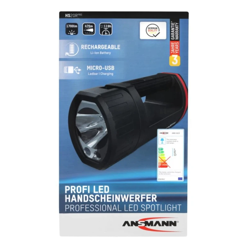 Ansmann LED Hand Lamp Black Red Rechargeable USB Plug Type Dimmable 20W 1700 lm 5200mAh Battery 1600-0223