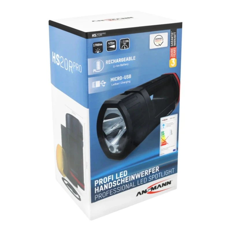 Ansmann LED Hand Lamp Black Red Rechargeable USB Plug Type Dimmable 20W 1700 lm 5200mAh Battery 1600-0223