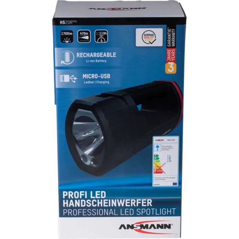 Ansmann LED Hand Lamp Black Red Rechargeable USB Plug Type Dimmable 20W 1700 lm 5200mAh Battery 1600-0223