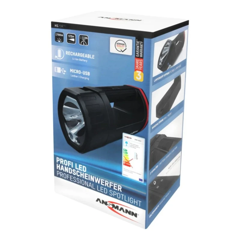 Ansmann LED Hand Lamp Black Red Rechargeable USB Plug Type Dimmable 20W 1700 lm 5200mAh Battery 1600-0223