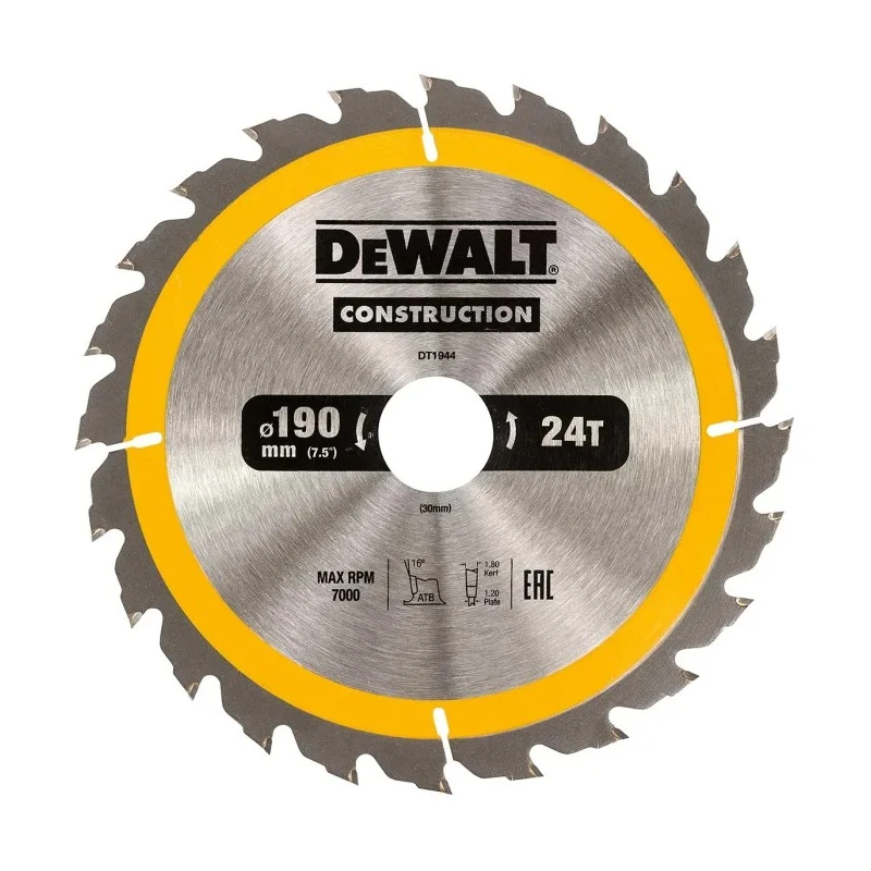 DeWALT Circular Saw Blade 190mm 24 Teeth Alternate Top Bevel Tungsten Carbide DT1944-QZ