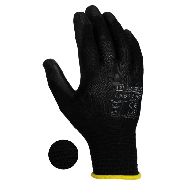 Liscombe Black Polyamide Work Gloves Size 9 with Polyurethane Coating LN614-09