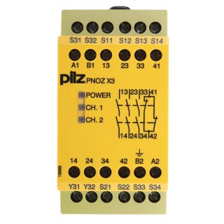 Pilz Safety Relay, 3 Safety Contacts, 1 Auxiliary Contact, DIN Rail Mount, 110V AC/DC and 24V AC/DC Coil Voltage 774314
