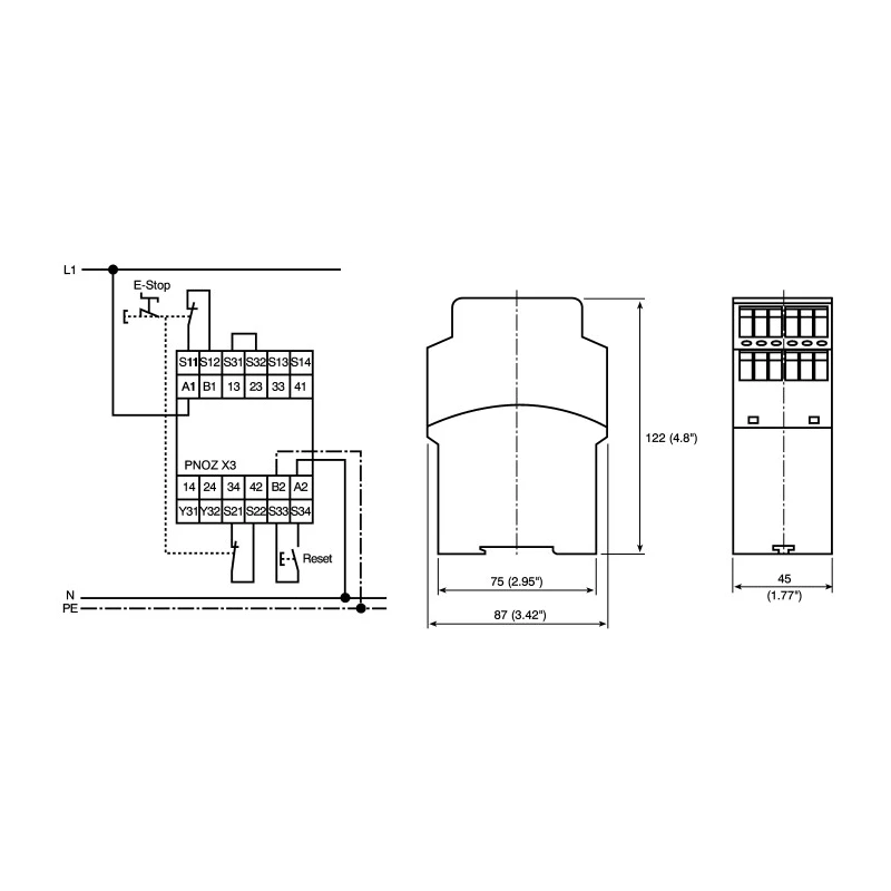 Pilz Safety Relay, 3 Safety Contacts, 1 Auxiliary Contact, DIN Rail Mount, 110V AC/DC and 24V AC/DC Coil Voltage 774314