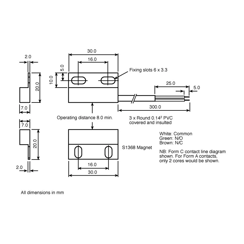 Assemtech Reed Switch Rectangular Body 100V AC, 0.25A, Black Polypropylene Housing S1365