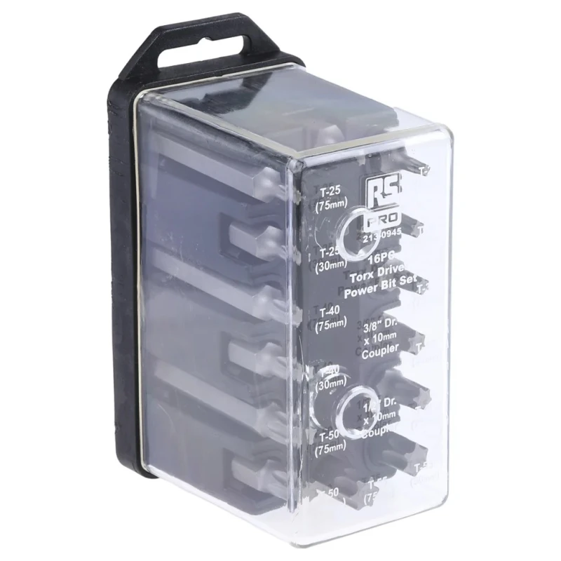 RS PRO Torx Screwdriver Bit Set 16 Pieces, S2 Steel, Sizes T20 to T55, 75mm Length, 1/2 in Drive 213-0945