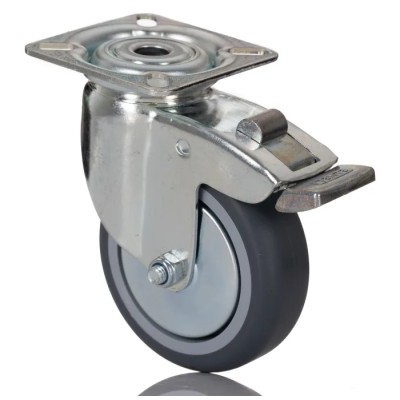 Tente Braked Swivel Castor with 75 kg Load Capacity, 75 mm Rubber Wheel, Pressed Steel Housing, Model 2477PJO075P40PFP