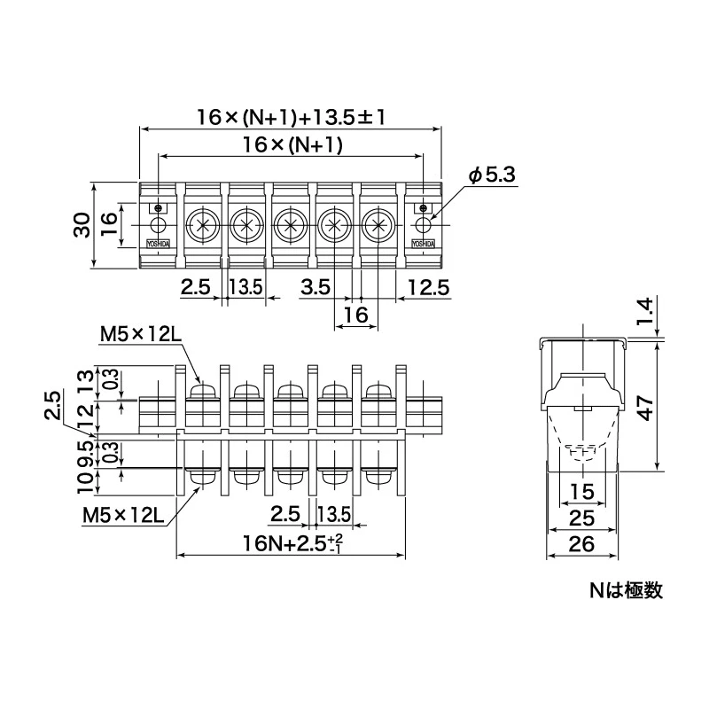 Yoshida Electric Industry Barrier Strip 4 Contact 16 mm Pitch 2 Row 600V 60A TS61-2E