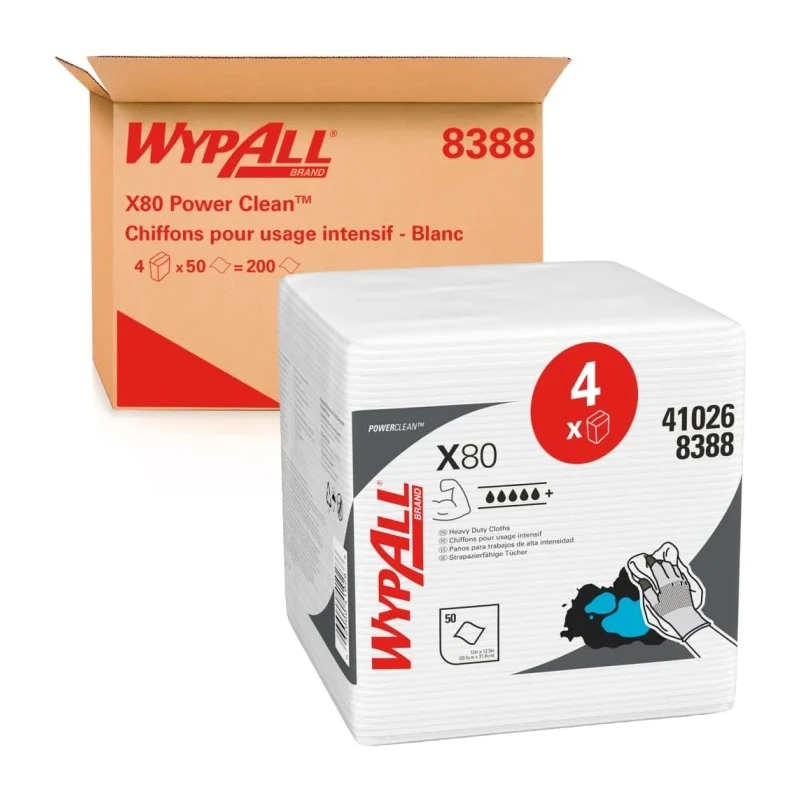 WYPALL Power Clean Heavy Duty Cleaning Cloths White Quarter Fold 30.5 cm x 31.7 cm 50 Per Pack 8388004