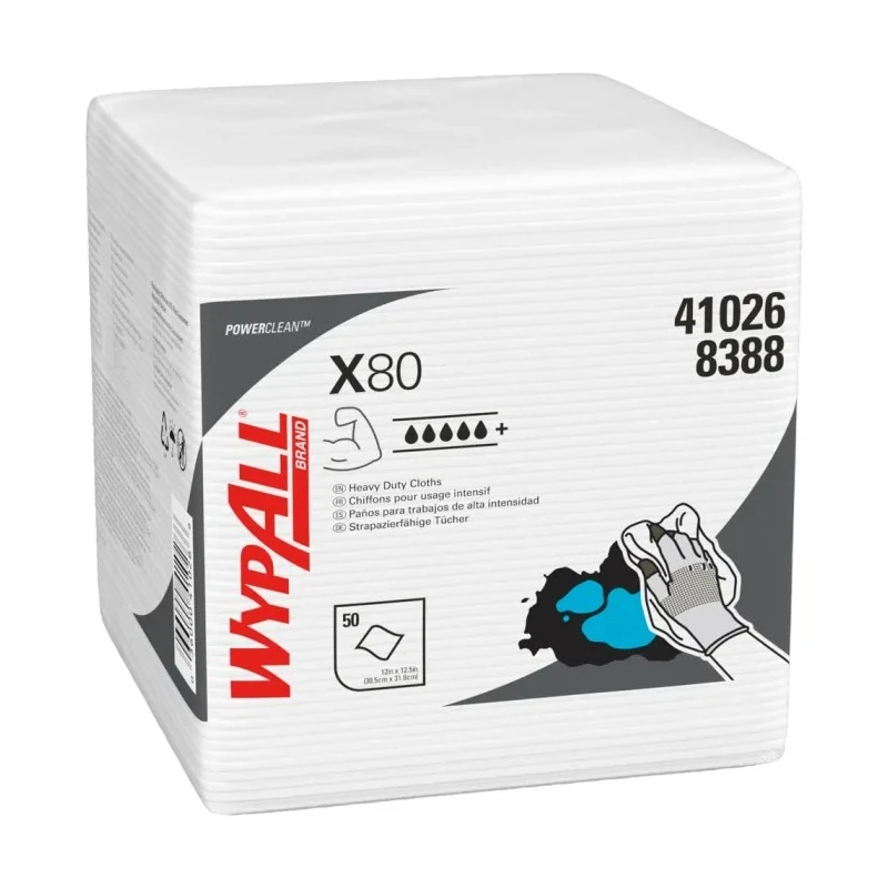 WYPALL Power Clean Heavy Duty Cleaning Cloths White Quarter Fold 30.5 cm x 31.7 cm 50 Per Pack 8388004