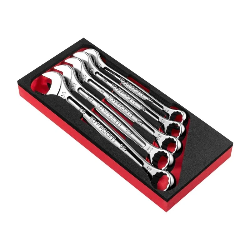 Facom 5-Piece Combination Wrench Set 27-29-30-32-34 mm, Ring Spanner, Satin Chrome Finish MODM.440-2PB