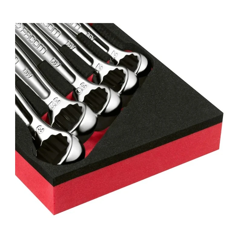 Facom 5-Piece Combination Wrench Set 27-29-30-32-34 mm, Ring Spanner, Satin Chrome Finish MODM.440-2PB