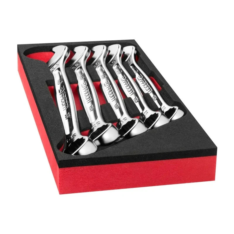 Facom 5-Piece Combination Wrench Set 27-29-30-32-34 mm, Ring Spanner, Satin Chrome Finish MODM.440-2PB
