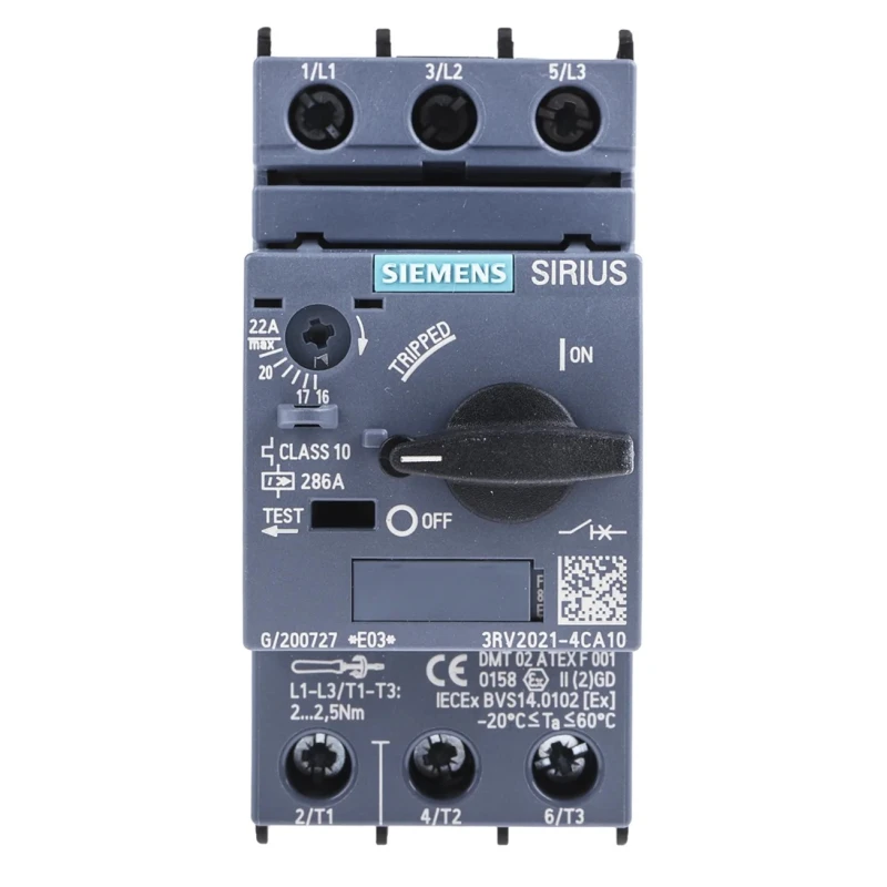 Siemens Motor Protection Circuit Breaker 17, 22 A, 690V, IP20, Magnetic Sensing, 3 Poles, 3RV2021-4CA10
