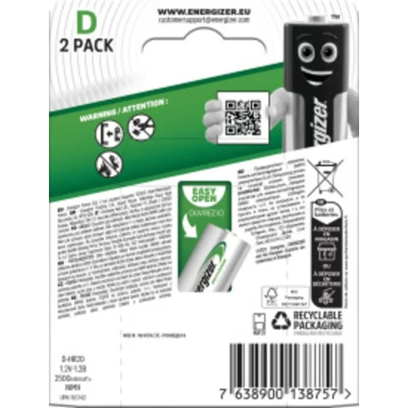 Energizer NiMH Rechargeable D Battery 1.2V 2.5Ah Standard Termination 34.2mm Diameter 7638900138757