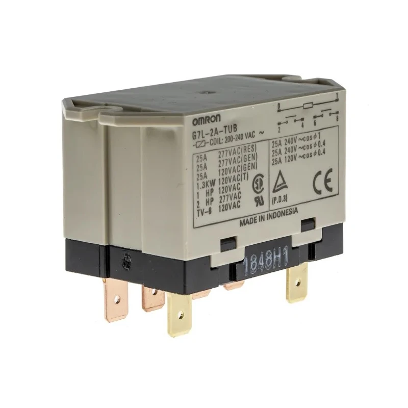 Omron Power Relay DPST, 25A Switching Current, 250V AC, Quick Connect Terminals G7L-2A-TUB 200/240VAC