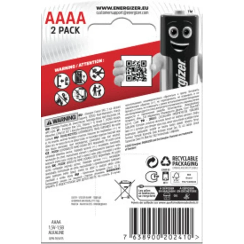 Energizer Alkaline AAAA Battery 1.5 V 550mAh Lightweight Primary Cell 7638900202410