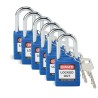 RS PRO Security Padlock Steel Nylon Weatherproof 38mm Body 6.35mm Shackle SFTY PADLOCK STEEL 38MM SHA BLUE 6/PAC