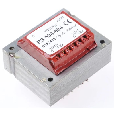 RS PRO 6 to 15 V ac 2 Output Through Hole PCB Transformer, 230 V ac Primary, 20VA, 60Hz, Thermal Fuse, RoHS, CE, IEC 504-684