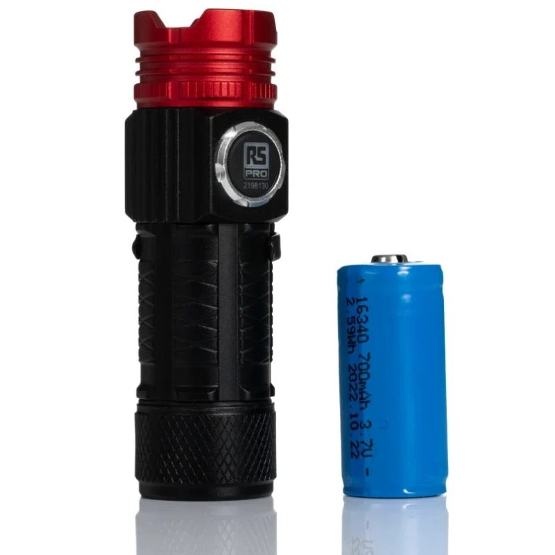 RS PRO Rechargeable Aluminium LED Torch Black Red 600 lm USB Rechargeable 74 mm 219-8130