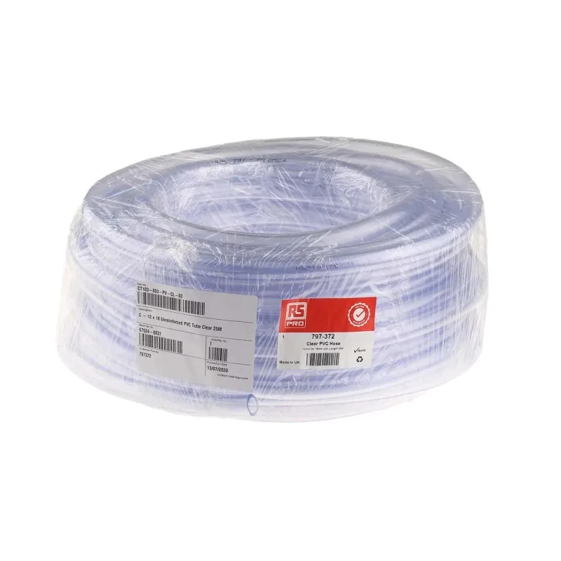 RS PRO Clear Polyvinyl Chloride Hose Pipe 4 Bar Pressure, 25 m Length, 18mm Outer Diameter, 12mm Inner Diameter 797-372