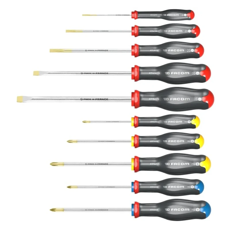Facom Phillips, Pozidriv Standard Screwdriver Set 3-Piece with 2.5 mm to 8 mm Tip Sizes ATW.J10PB