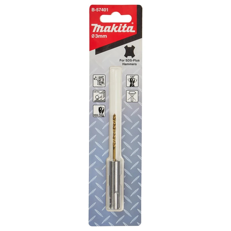 Makita Aluminium Drill Bit 3 mm Diameter SDS Plus Shank Tin High Speed Steel Finish 90mm Overall Length B-57401