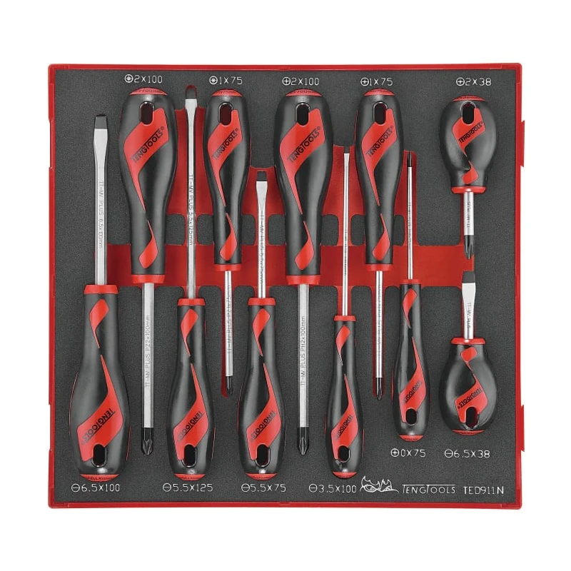Teng Tools Standard Screwdriver Set, 11-Piece with TT-MV PLUS Steel Blades, Ergonomic Two-Component Handles TED911N